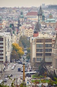 High angle view of street and buildings in city