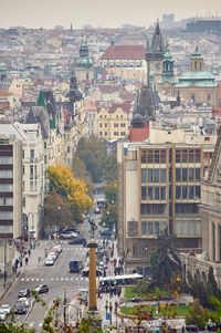 High angle view of street and buildings in city