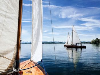 Sailboats sailing in river against cloudy sky