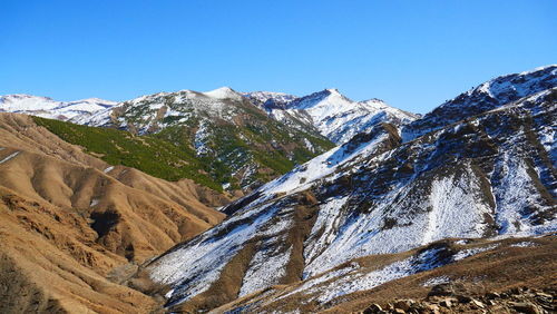 Scenic view of snowcapped mountains against clear sky