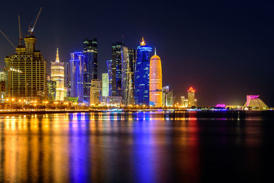 Illuminated city reflected in river at night