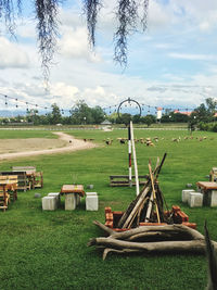 Grass on field in park against sky
