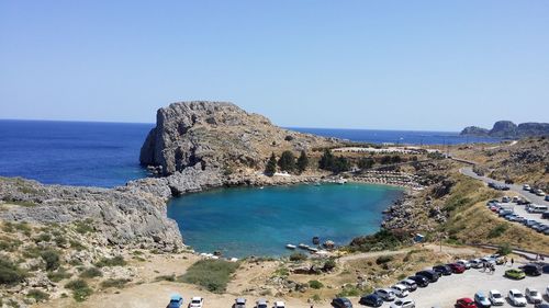 Panoramic view of sea against clear blue sky