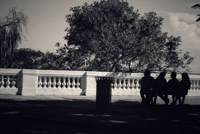 Rear view of silhouette people walking against trees