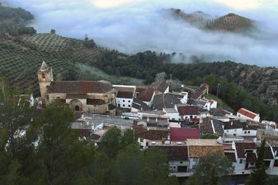 High angle view of houses and buildings in town