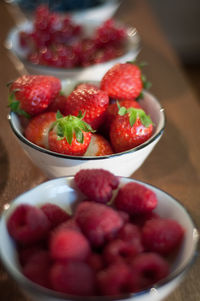 Close-up of strawberries in bowl on table