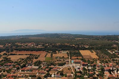 High angle view of townscape against clear sky