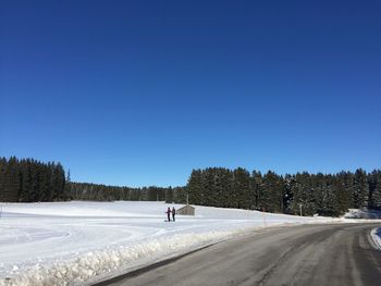 Road amidst trees against clear blue sky during winter