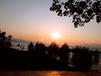 Silhouette trees by lake against sky during sunset