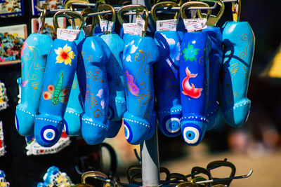 Close-up of multi colored shoes for sale