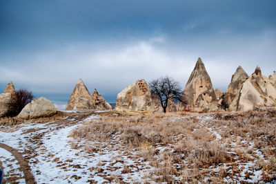 Scenic view of snow covered land against sky