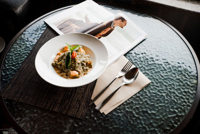 High angle view of food in plate on table