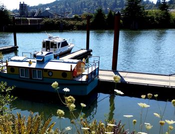 Boats moored in lake against sky