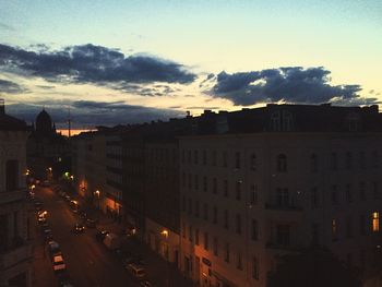 View of city street at dusk