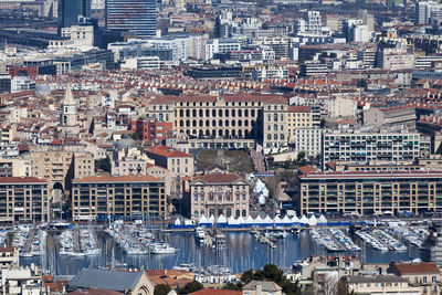 High angle view of buildings in city