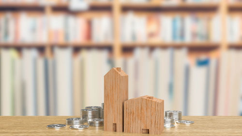 Close-up of books on wooden table