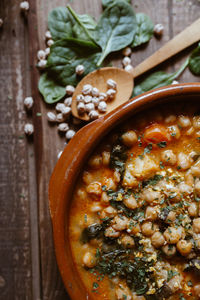 Close up vegan food. potaje is a typical spanish food. chickpeas with chard.