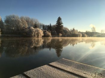 Reflection of trees in lake against sky