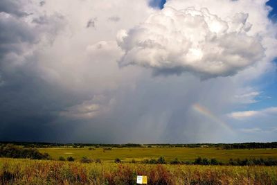 Scenic view of field against rainbow in sky