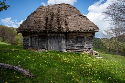 House on field by trees against sky