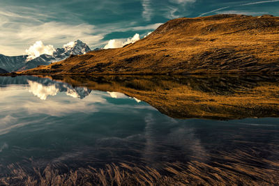 Scenic view of lake and mountains against sky