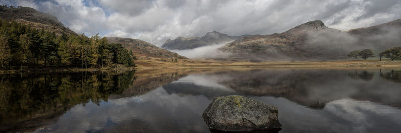 Panoramic view of lake and mountains against sky