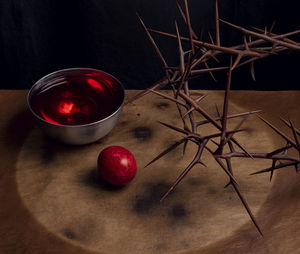 High angle view of fruits in bowl on table