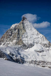 Low angle view of snowcapped mountains against sky