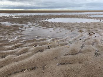 High angle view of footprints on beach