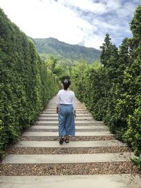 Rear view of woman on mountain against sky