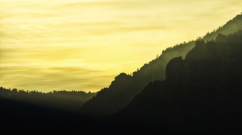 Scenic view of silhouette mountains against sky at sunset