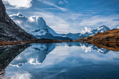 Scenic view of lake by snowcapped mountains against sky