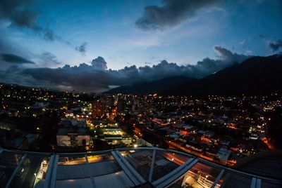 High angle view of illuminated cityscape