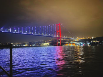 Illuminated bridge over river against sky at night