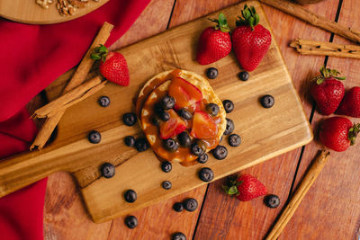 High angle view of chopped fruits on table