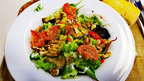 High angle view of food in plate