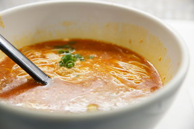 High angle view of soup in bowl on table