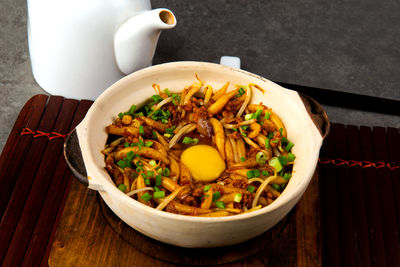 High angle view of food in bowl on table