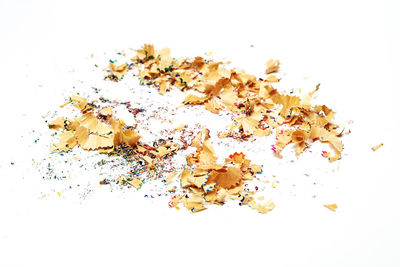 High angle view of dry leaves on white background