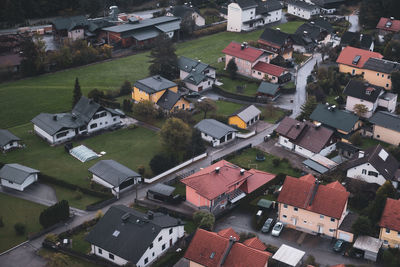 High angle view of buildings in city