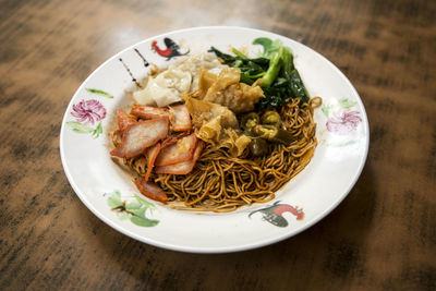 High angle view of food served on table