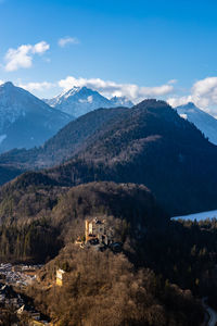 High angle view of houses and mountains against sky