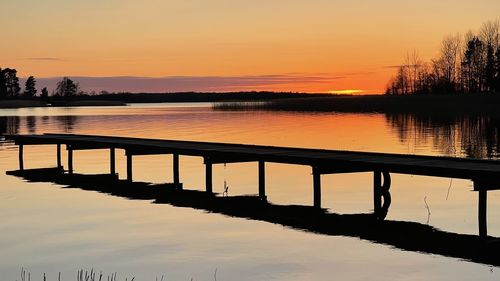 Scenic view of lake against orange sky