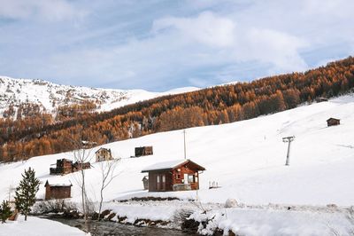 House on snow covered landscape against sky