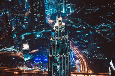 High angle view of illuminated buildings at night