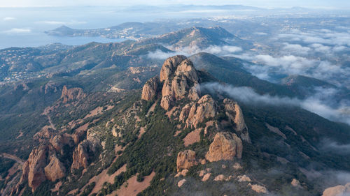 High angle view of mountain range against sky