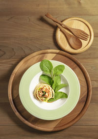 High angle view of salad in bowl on table