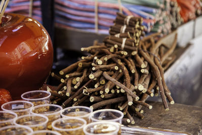 High angle view of food on table at market