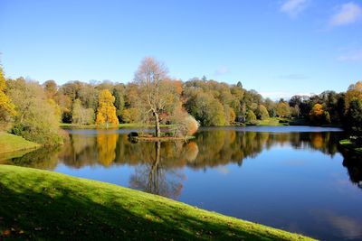 Scenic view of lake by trees against clear sky