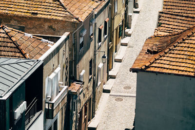 High angle view of houses by footpath